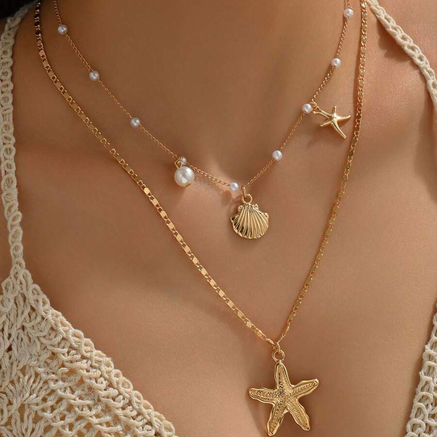 Golden Shell Starfish Alloy Necklace Set | picture 