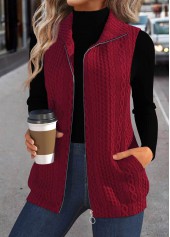 Wine Red Jacquard Sleeveless Stand Collar Waistcoat