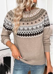 Gray Brown Tummy Coverage Tribal Print Long Sleeve Sweater