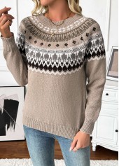 Gray Brown Tummy Coverage Tribal Print Long Sleeve Sweater | thumb picture 