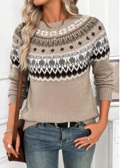 Gray Brown Tummy Coverage Tribal Print Long Sleeve Sweater | thumb picture 