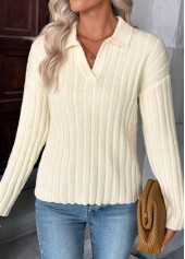Beige Long Sleeve Turn Down Collar Sweater | thumb picture 
