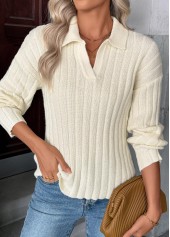 Beige Long Sleeve Turn Down Collar Sweater | thumb picture 