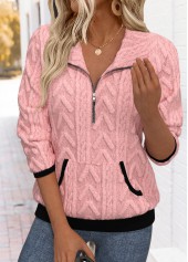 Pink Tummy Coverage Long Sleeve Turn Down Collar Sweatshirt