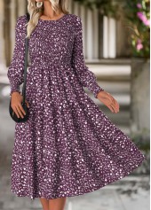 Purple Tummy Coverage Ditsy Floral Print Long Sleeve Dress