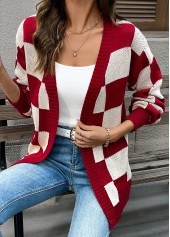 Wine Red Tummy Coverage Plaid Long Sleeve Cardigan