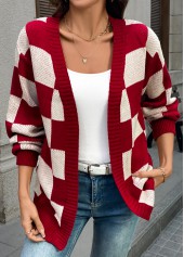 Wine Red Tummy Coverage Plaid Long Sleeve Cardigan