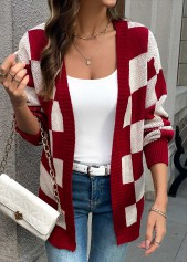 Wine Red Tummy Coverage Plaid Long Sleeve Cardigan