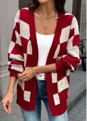 Wine Red Tummy Coverage Plaid Long Sleeve Cardigan