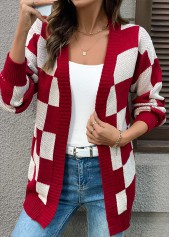 Wine Red Tummy Coverage Plaid Long Sleeve Cardigan