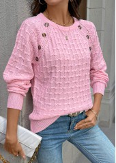 Pink Button Long Sleeve Round Neck Sweater | thumb picture 