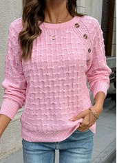 Pink Button Long Sleeve Round Neck Sweater