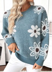 Peacock Blue Tummy Coverage Floral Print Long Sleeve Sweater | thumb picture 