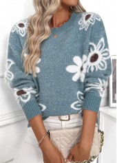 Peacock Blue Tummy Coverage Floral Print Long Sleeve Sweater | thumb picture 