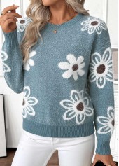 Peacock Blue Tummy Coverage Floral Print Long Sleeve Sweater