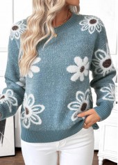 Peacock Blue Tummy Coverage Floral Print Long Sleeve Sweater | thumb picture 
