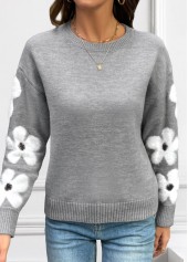 Grey Tummy Coverage Floral Print Long Sleeve Sweater