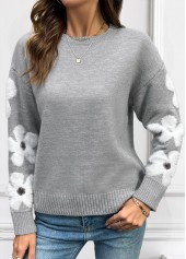 Grey Tummy Coverage Floral Print Long Sleeve Sweater
