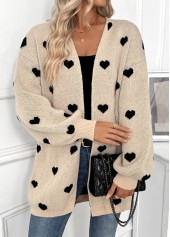Light Camel Tummy Coverage Heart Print Long Sleeve Cardigan