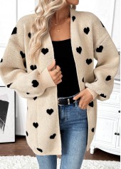 Light Camel Tummy Coverage Heart Print Long Sleeve Cardigan