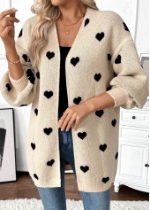 Light Camel Tummy Coverage Heart Print Long Sleeve Cardigan