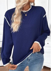 Navy Contrast Piping Long Sleeve Round Neck Sweater