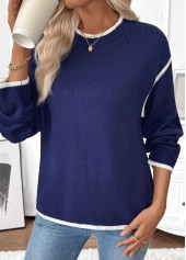 Navy Contrast Piping Long Sleeve Round Neck Sweater
