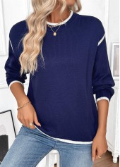 Navy Contrast Piping Long Sleeve Round Neck Sweater