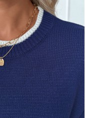 Navy Contrast Piping Long Sleeve Round Neck Sweater