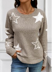 Gray Brown Tummy Coverage Star Print Long Sleeve Sweater