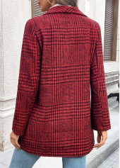 Wine Red Button Plaid Long Sleeve Lapel Coat | thumb picture 