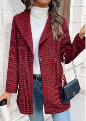 Wine Red Button Plaid Long Sleeve Lapel Coat