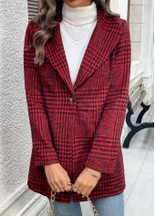 Wine Red Button Plaid Long Sleeve Lapel Coat | thumb picture 