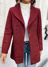 Wine Red Button Plaid Long Sleeve Lapel Coat | thumb picture 