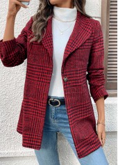 Wine Red Button Plaid Long Sleeve Lapel Coat | thumb picture 