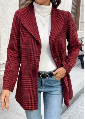 Wine Red Button Plaid Long Sleeve Lapel Coat | thumb picture 
