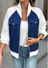 Denim Blue Patchwork Long Sleeve Stand Collar Jacket