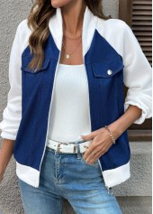 Denim Blue Patchwork Long Sleeve Stand Collar Jacket
