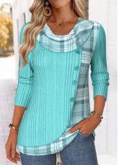 Cyan Patchwork Plaid Long Sleeve Draped Neck T Shirt