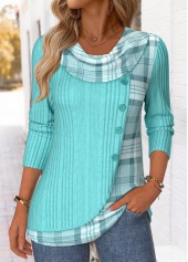 Cyan Patchwork Plaid Long Sleeve Draped Neck T Shirt