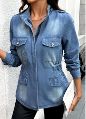Denim Blue Patch Pocket Long Sleeve Stand Collar Coat