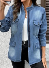 Denim Blue Patch Pocket Long Sleeve Stand Collar Coat | thumb picture 