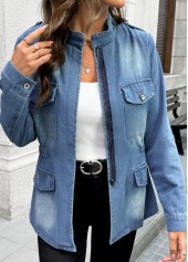 Denim Blue Patch Pocket Long Sleeve Stand Collar Coat | thumb picture 