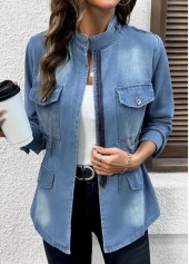 Denim Blue Patch Pocket Long Sleeve Stand Collar Coat | thumb picture 
