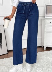 Denim Blue Pocket Wide Leg Elastic Waist Jeans