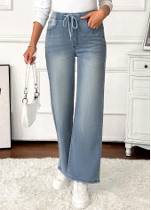 Denim Blue Pocket Wide Leg Elastic Waist Jeans
