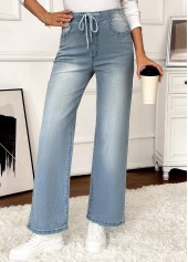 Denim Blue Pocket Wide Leg Elastic Waist Jeans