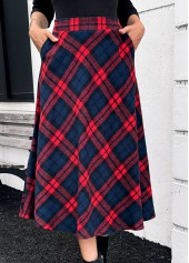 Red Pocket Plaid A Line Elastic Waist Skirt