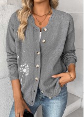 Grey Tummy Coverage Plants Print Long Sleeve Cardigan