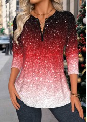 Red Tuck Stitch Ombre Long Sleeve Split Neck Blouse